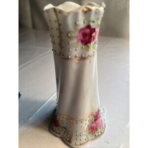 Nippon Hand Painted Pink Rose Gold Gilt Moriage Vase . 1900